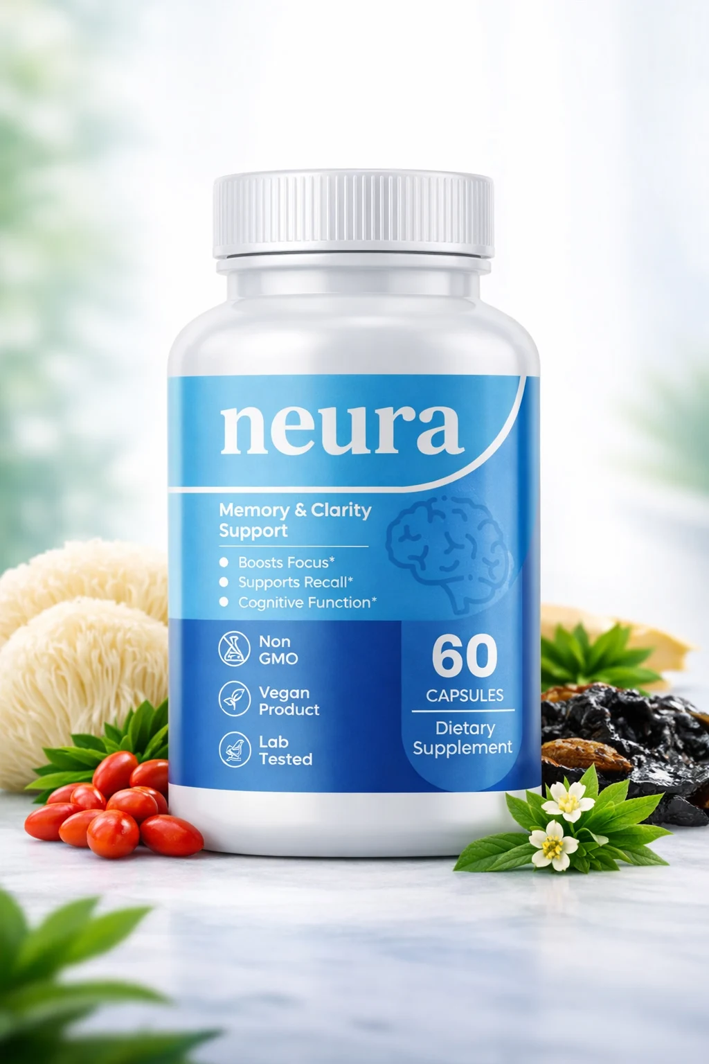 Neura brain health supplement bottle surrounded by natural ingredients
