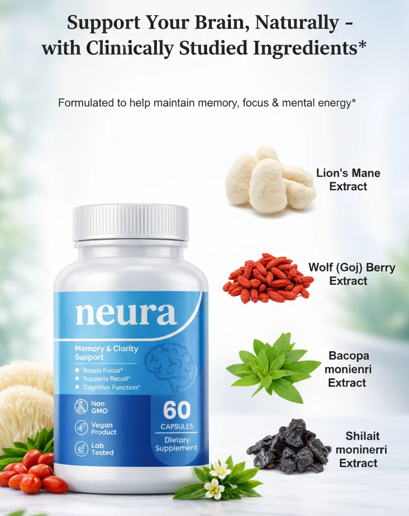 Neura supplement bottle displayed with its natural ingredient sources
