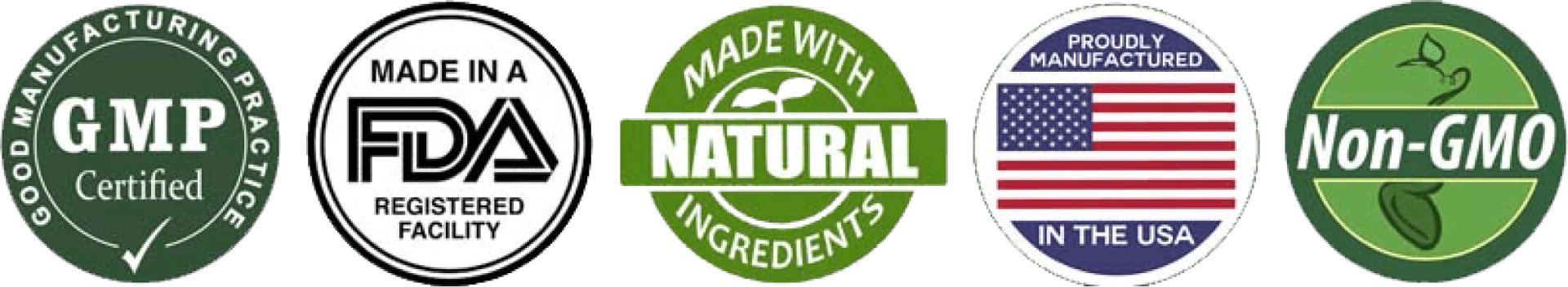 GMP certified, FDA registered facility, made with natural ingredients, made in the USA and Non-GMO badges